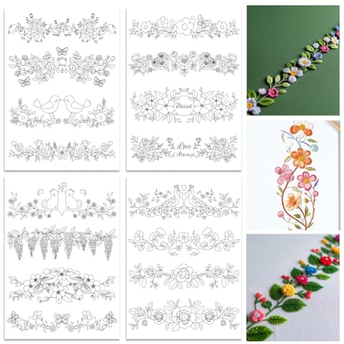 ORIGACH 4 Sheets 16 Pcs Water Soluble Pillowcase Embroidery Patterns Stabilizers - Pre-Printed Floral Vines & Animals Designs - Stick & Stitch Embroidery Paper for Hand Sewing Lovers - color: Floral Vines & Animals