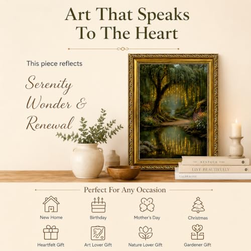 Vintage Gold Framed Forest Wall Art - Enchanted Fairy Tree Painting, Whimsical Dark Cottagecore Canvas Wall Decor for Bedroom, Living Room, Magical Golden Willow Nature Artwork 9x11in - color: forest, size: 11"L x 9"W