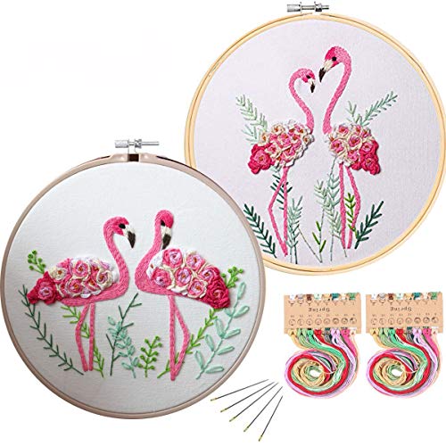 Konrisa Flamingo Embroidery Kit for Beginners with Pattern Floral Stamped Full Range of Embroidery Starter Kit for Adults Cross Stitch Kit with Embroidery Cloth, Hoops, Color Thread and Tools,Set of 2 - color: Type-2