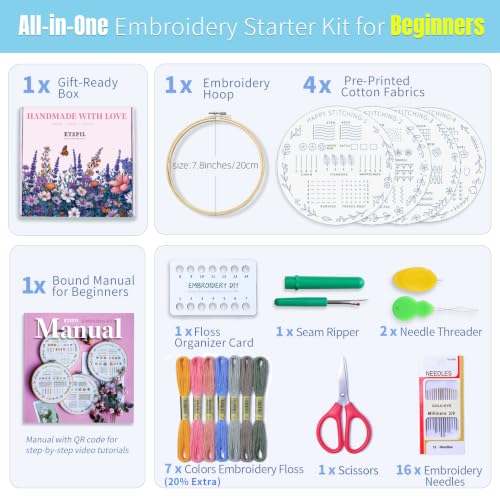 ETSPIL Beginner Embroidery Kit, 4K Video, 4 Floral Patterns, Gift Box - color: wreath 4