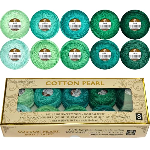 Double Mercerized Egyptian Long Staple Cotton Pearl Thread Ball 10 Grams Rainbow Color Embroidery Thread 10 Colors per Box for Crochet Hardanger Cross Stitch Hand Embroidery,cayon Series - color: cyan green series