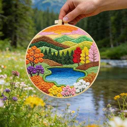 BEUNITONE 6 Pack Hand Embroidery Starter Kit for Adults with Pre-Print Scenery Pattern, Needlepoint Kits with Embroidery Hoop and Instructions, DIY Funny Craft Kits for Gifts and Home Decor - style: Scenery