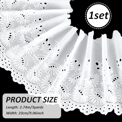 FINGERINSPIRE 3 Yards Ivory White Eyelet Cotton Trim 9inch Wide Cotton Lace Floral Embroidery Lace Trim Wavy Edge Floral Cotton Lace Ribbon for Sewing Dresses Clothes Bag Pets Clothes Decoration