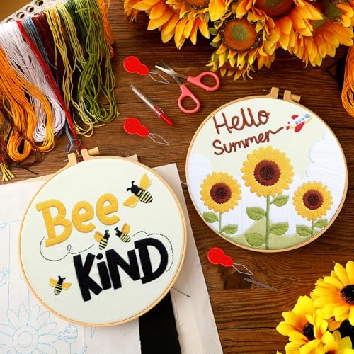 Riceshoot 8 Set Sunflower Embroidery Kits for Beginner Adults Bee Cross Stitch Kit DIY Needlepoint with Pattern Instruction, Hoop, Embroidery Fabric, Thread, Needle, Scissor, Gift for Home Decor - style: Sunflower