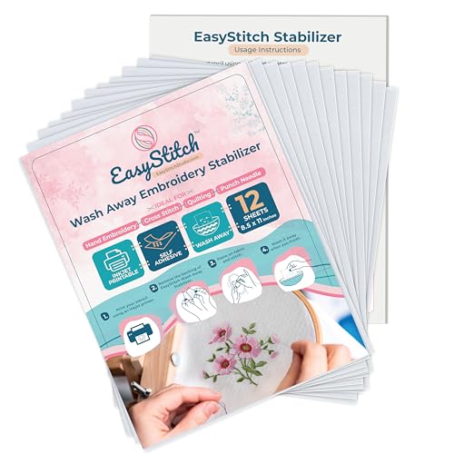 EasyStitchStudio 12 Pcs Stick n Stitch Embroidery Paper Sheets – 8.5” x 11” Water Soluble Stabilizer for Embroidery – Adhesive Stabilizer for Transferring Embroidery Patterns