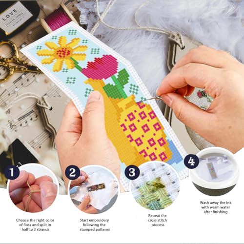 INFUNLY 6PCS/Set Flower Vase Cross Stitch Bookmark Kit 2.99x8.54 Rose Floral Handmade Cross Stitch Bookmarks DIY Embroidery Bookmarks for Readers with Instruction for Starter Adults Book Lovers - style: Flower Vase