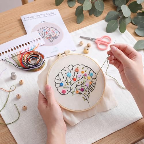 Fanfanwin 1 Set Brain Embroidery Kit for Beginner Floral Brain Cross Stitch Kits Easy Embroidery with Hoop, Needles, Threads, Instruction Threads Tools DIY Craft Art for Mental Health Mindfulness Gift - style: Floral Brain