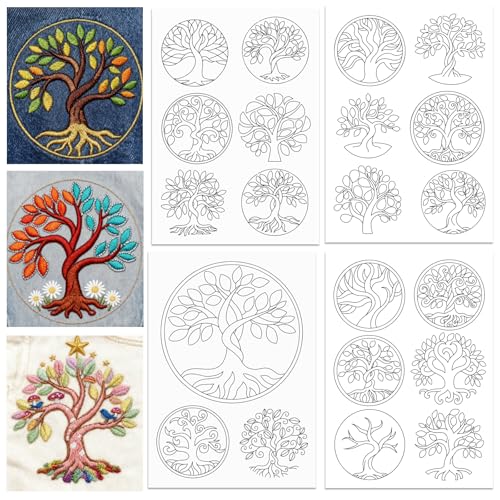 ORIGACH 4 Sheets Water Soluble Embroidery Patterns Stabilizers - Pre-Printed Tree of Life Designs - Stick & Stitch Embroidery Paper for Hand Sewing Lovers - color: Tree of Life