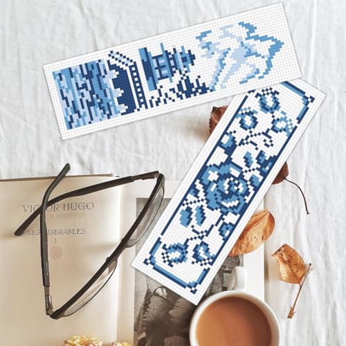 BEUNITONE Cross Stitch Bookmark Kit 6 Pcs Watercolor DIY Bookmarks Cross Stitch Kits for Beginners Birds Flower Stamped Embroidery Bookmark with Landscape Patterns Craft Kit for Gifts 8''x2.4'' - style: Blue and White Porcelain Pattern