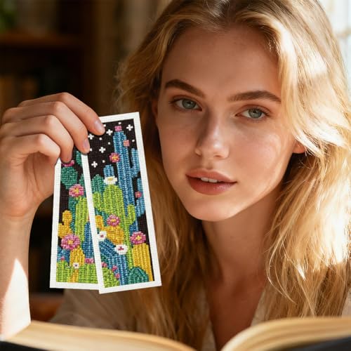 INFUNLY 6pcs Dark Cactus Cross Stitch Bookmark Kit for Beginners DIY Cactus Grove Embroidery Bookmark Kits Night Plants Needlepoint Kit with Instruction Easy Cross Stitch Set for Book Lovers Readers - style: Cactus Jungle