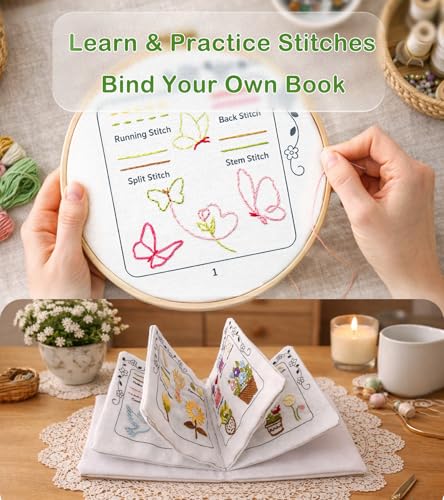 Beginner Embroidery Stitch Book Kit with Portable Canvas Bag for Adults