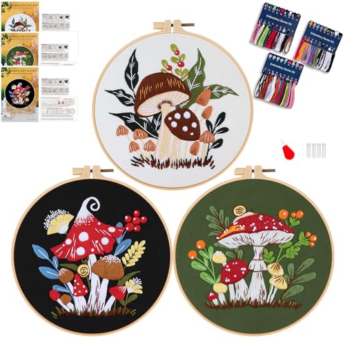 Smart-Feather 3 Sets Mushroom Embroidery kit for Beginners, Hand Embroidery Kits for Adults with Hoop, DIY Art Project Craft Kit (Mushroom) - style: Mushroom