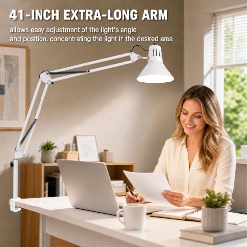 White Desk Lamp with Clamp, Extra-Tall Adjustable Metal Swing Arm, 5000K - color: White, size: 5000K Natural Daylight-Extra Long Swing Arm