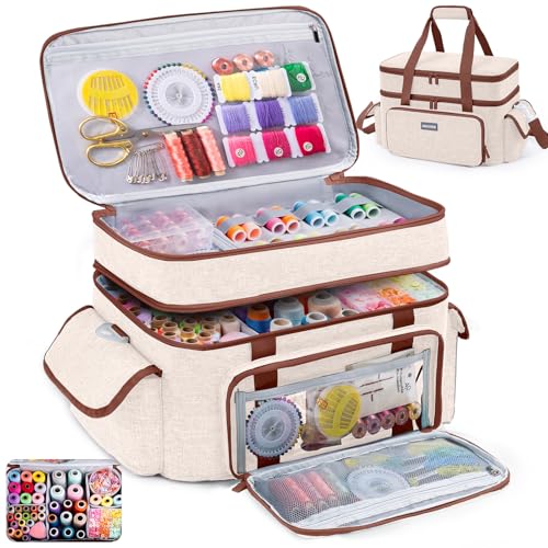 AMOIGEE Large 15" Double-Layer Sewing Organizer Bag w/Detachable Dividers - color: Ivory