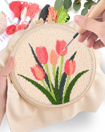 ERKOON Punch Needle Kit Adults Beginners, 2 Pcs DIY Easy Flower Embroidery Set for Starter Art Craft, Needling Punching Project with Patterns, Tools, Yarns, Hoop, Instruction (Sunflowers & Tulips) - color: Sunflowers & Tulips