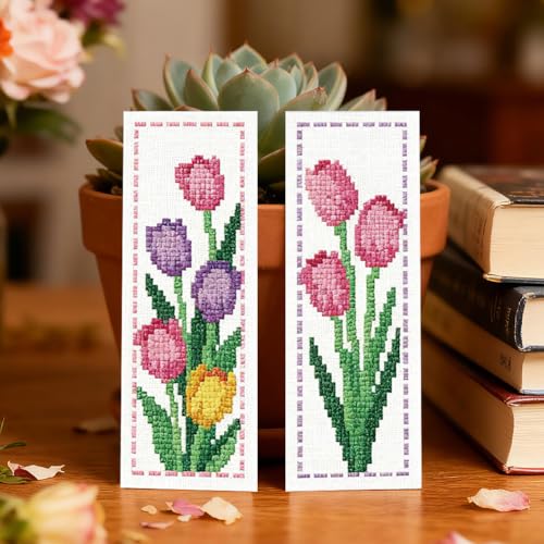ORIGACH 6 Set Tulip Cross Stitch Bookmark Kit for Beginner - style: Tulip