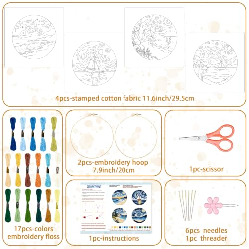 BEUNITONE 4pcs Embroidery Kit, Starry Sky & Beach Stamped Embroidery Kits with Hoop, Thread & Needles, Cross Stitch Kits Sewing Gifts for Adults and Beginners, DIY Craft for Relaxation - style: C-Starry Sky Scenery