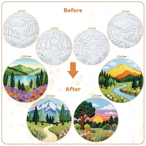 BEUNITONE 4 Set Forest Pattern Embroidery Kit for Adult Beginners Scenery Pre-Printed Designs Cross Stitch Kits, Needlepoint Kits for Adults, Handmade Embroidery for Home Decor 20x20cm - style: C-Forest Scenery