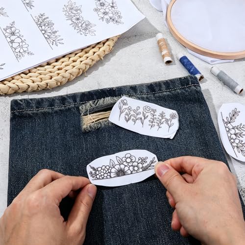 TAHULIK Water Soluble Stabilizer for Embroidery, 3 Sheets Water Soluble Embroidery Patterns, Stick and Stitch Embroidery Patterns, Transfer Paper with Pre-Printed Flower Leave for Hand Sewing