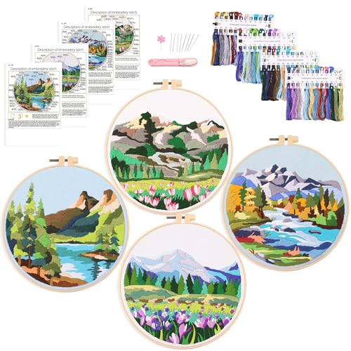 Harimau Adult Beginner Embroidery Starter Kit Natural Landscape Patterns, Complete Set with 4 Patterns, 2 Hoops, Needles, Scissors, Instruction Guide & Stitching Video Tutorials - color: Blue Mountain