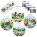 Harimau Adult Beginner Embroidery Starter Kit Natural Landscape Patterns, Complete Set with 4 Patterns, 2 Hoops, Needles, Scissors, Instruction Guide & Stitching Video Tutorials - color: Blue Mountain