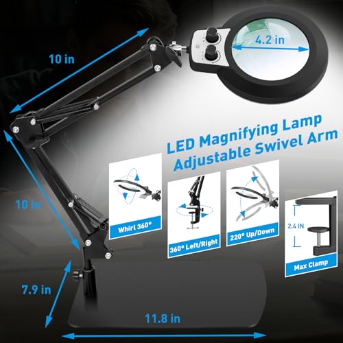 KIRKAS 12X Magnifying Glass with Light and Stand, Overhead Knob 2 in 1 - size: 12X 11.8 INCH Base & Clamp