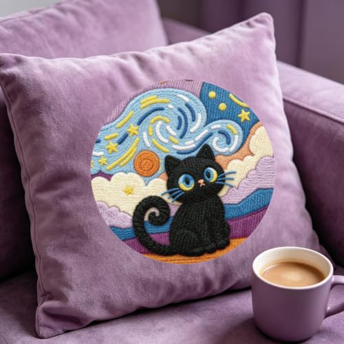 BEUNITONE 2 Pcs Cat & Starry Sky Punch Needle Kits for Adults Beginner - color: 02-Cat and Sky