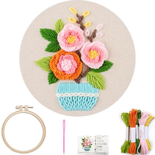 FONNUY Embroidery Kit for Beginners，3D Plants Flowers Pre-Stamped Pattern Kits Brightly Colored for Adults with Hoop (Pink Rose) - color: Pink Rose