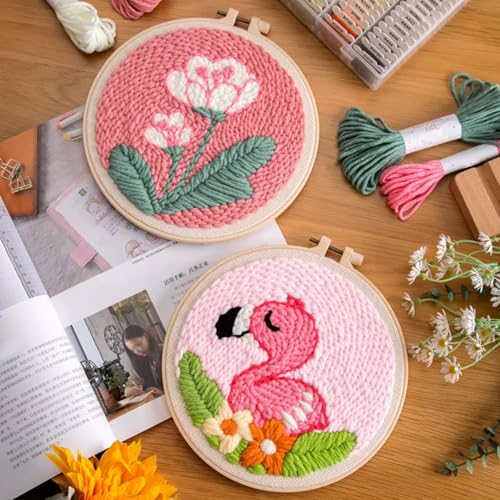 Woohome Punch Needle Kit Included Plastic Hoops, Punch Needle Cloth, Color Yarn and Punch Needle Tools for Adults, Beginners (Whales, Flowers, Bird) - color: Color 13