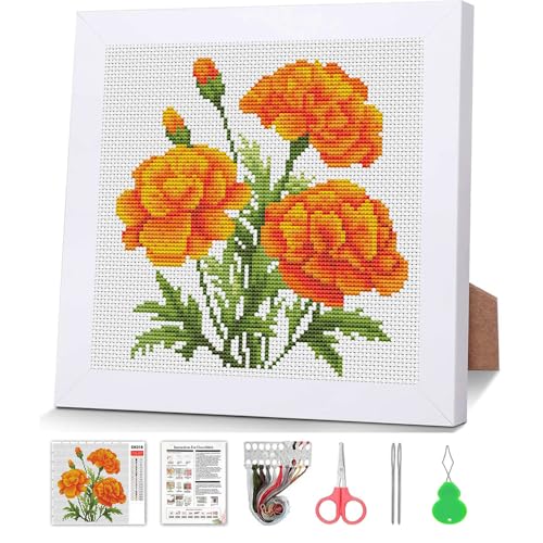 Marigold Stamped Cross Stitch Kits for Adult Beginner with Wooden Frame - color: Marigold Cross Stitch with Framed