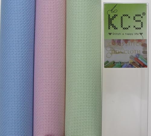 KCS 3 pc of 15" x 18"(38cmx45cm) Counted Cross Stitch Cotton Aida Cloth Needlework Rolled Fabric Box,18CT,Light Blue+Pink+Light Green - color: Light Blue+pink+light Green, size: 18CT