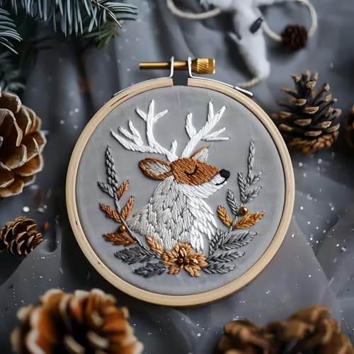 Christmas Embroidery Kit DIY Hand Embroidery Starter Cross Stitch Kits, Christmas Ornaments Embroidery with Stamped Pattern,Cotton,Threads,Needles,Instructions for Adults Beginners (Reindeer) - color: Reindeer
