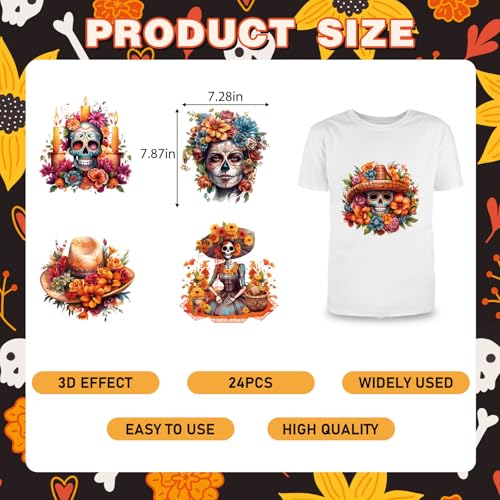 Dtf Transfers Ready to Press -24Pcs Day of The Dead Clipart Iron on Decals Day of The Dead Heat Transfer Mexican Culture Sugar Skull Clipart Vinyl Stickers for Clothing Pillows Bag DIY Crafts - color: Day of The Dead