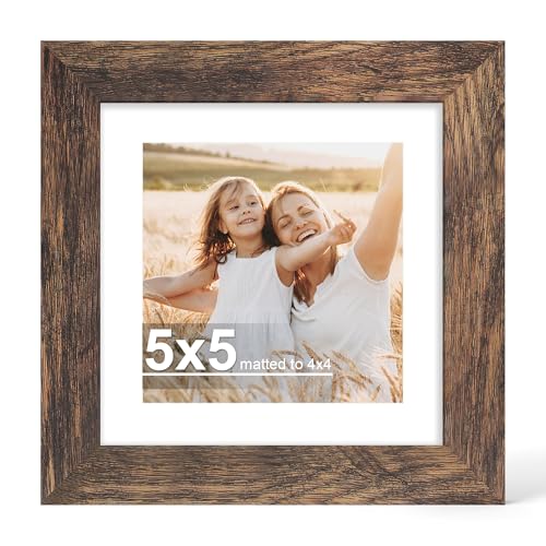 Hongkee 5x5 Picture Frame with Real Glass Wood Frame, 1 Pack (with Mat 4x4) - color: Rustic Brown, size: 5X5 in