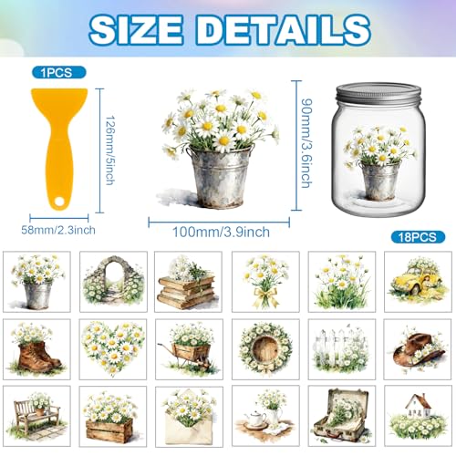 GLOBLELAND 18 Sheets Vintage Daisy and Items Rub on Transfer 3.9x3.6inch Heart Daisy Home Decals Retro Boots Hat Cup Transfer Stickers for Crafts Vase Glass Art Decorations - style: Daisy Items