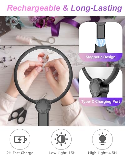 Hands Free Magnifying Glass with Light, 5X 15X Lighted Neck Magnifier for Craft Cross Stitch Needlepoint Needlework Sewing Embroidery Reading, Magnifying Glasses for Close Work, Low Vision Seniors