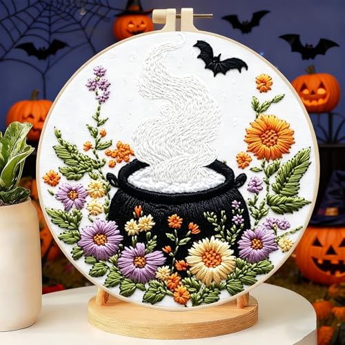 Zhenqing Halloween Cauldron Embroidery Kit for Beginners, Magic Pot Witch Decor Needlework Kit with Pre-Printed Cotton Fabric, Hoop, Threads & Tools, Spooky DIY Wall Art (C0120) - style: Halloween Cauldron