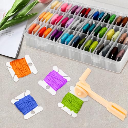 Embroidery Floss Organizer,Cross Stitch Thread Storage Box Tool,w/Bobbins Winder,1 Removable 24 Grids Clear Bead Organizer Case,100 Floss Bobbins,1 Numbered Sticker,for Craft DIY