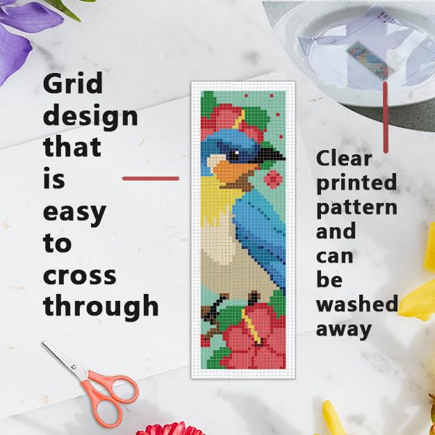 INFUNLY 6PCS Blue Bird Cross Stitch Bookmark Kit for Adult 3×8.5inch Parrot Stamped Embroidery Bookmark Kits with Flower Birds Needlepoint Bookmark Kit with Instruction for Book Lovers Readers - style: Blue Parrot