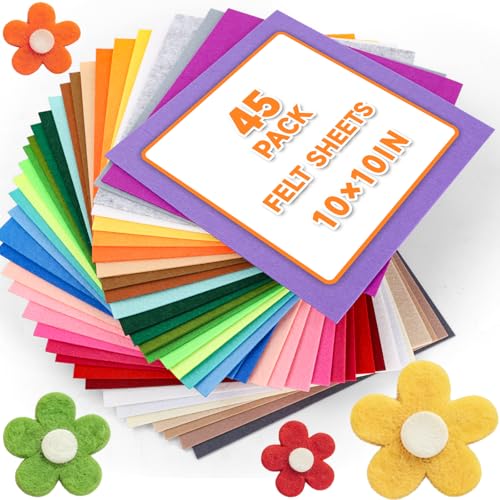 45 PCS Felt Fabric Sheets 10 x 10 Inch 2mm Craft Felt Sheets - size: 10x10in