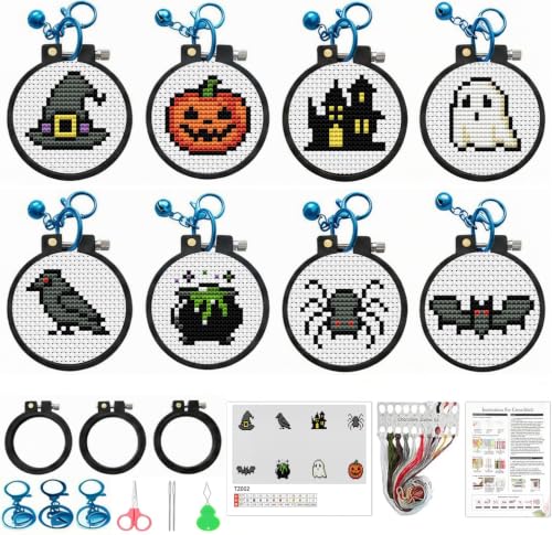 7 Pack Halloween Stamped Cross Stitch Kits for Adults Beginners with Frame - color: Halloween Cross Stitch Kits
