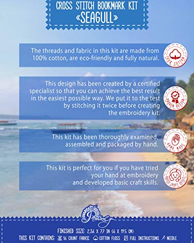 Povitrulya Seagull Cross Stitch Bookmark - Seaside Beach Embroidery Set with Paper Pattern, 16 Count Aida Cloth and Pre-Sorted Floss - color: Seagull