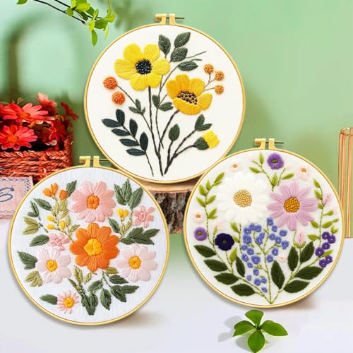 Zhenqing Floral Embroidery Kit for Beginners, 3 Patterns, 7.8in Hoop - color: Garden Bloom Trio Embroidery Kit