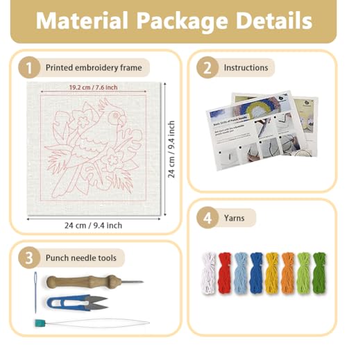 DOODLREAM Tropical Parrot Needle Kit for Beginner, 9.4"x 9.4" Jungle Floral Punch Stitching Craft Set, Color Bird DIY Embroidery Starter with Printed Frame, Instruction, Threader, Yarn, Pinch Needle - color: Parrot