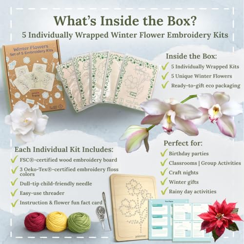 Wooden Flower Lacing Embroidery Kits for Beginners, Set of 5 Learn-to-Stitch Craft Boards, Sewing & Embroidery Art Kits for Kids Ages 8+, DIY Craft Projects, Educational Gifts, Party Favors (Winter) - style: Winter