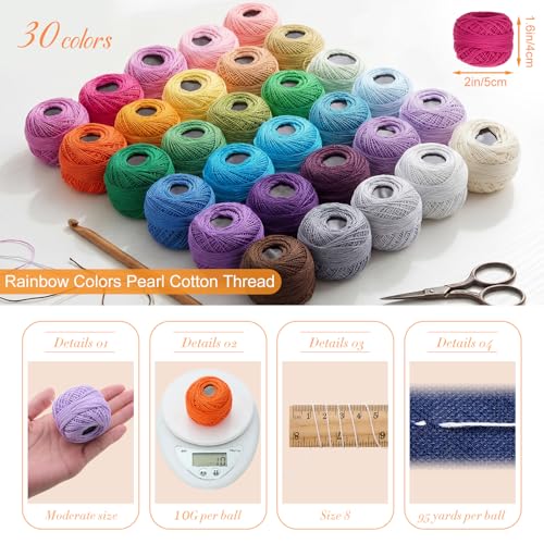 30 Pcs Size 8 Pearl Cotton Thread Balls 10 Grams, Rainbow Color - color: Rainbow Color