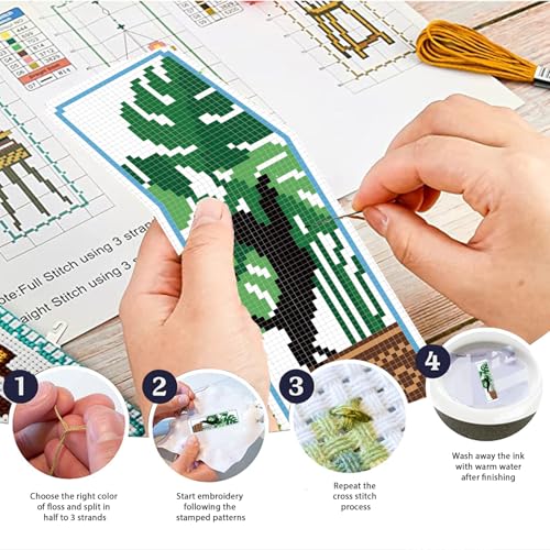 FREEBLOSS 6 Set Cross Stitch Bookmark Kits Cat and Potted Plants Stamped Cross Stitch Kit for Beginners, Printed Embroidery Bookmarks Kit with Instructions for Adults, 8''x2.4'' - style: Cats&Potted&Plants