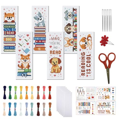 FREEBLOSS 6 Set 11CT Cross Stitch Bookmarks Kit Puppy&Books Stamped Cross Stitch Kit DIY Embroidery Bookmark Set with Instruction for Adults Beginners Gift for Reading Enthusiasts 20x6cm/8x2.4inch - style: Dogs&Books