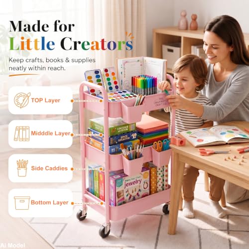 3 Tier Rolling Cart Metal with Lockable Wheels,Pink Baby Diaper Caddy Carts - color: Soft Pink, size: 3 Tier + Cups + Hooks