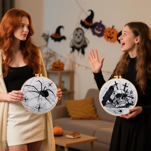 Dark Gothic Embroidery Kits for Beginners Adults, Halloween Hand Embroidery Needlepoint Kits, Skull Spider Stamped Cross Stitch Kits for Beginners Adults, 2 Embroidery Hoops (Attached Video Tutorial) - color: Black and white